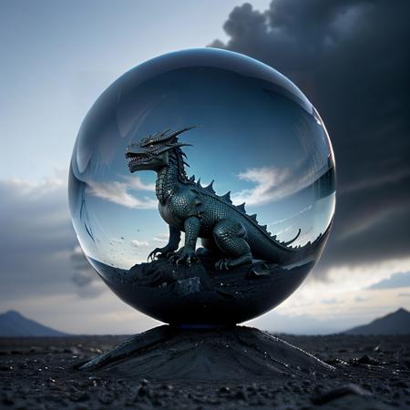 00095-3406058827-masterpiece, best quality, intricate photo, glass sphere with highly detailed dragon in the wasteland, Background blue cloudy sk.jpg